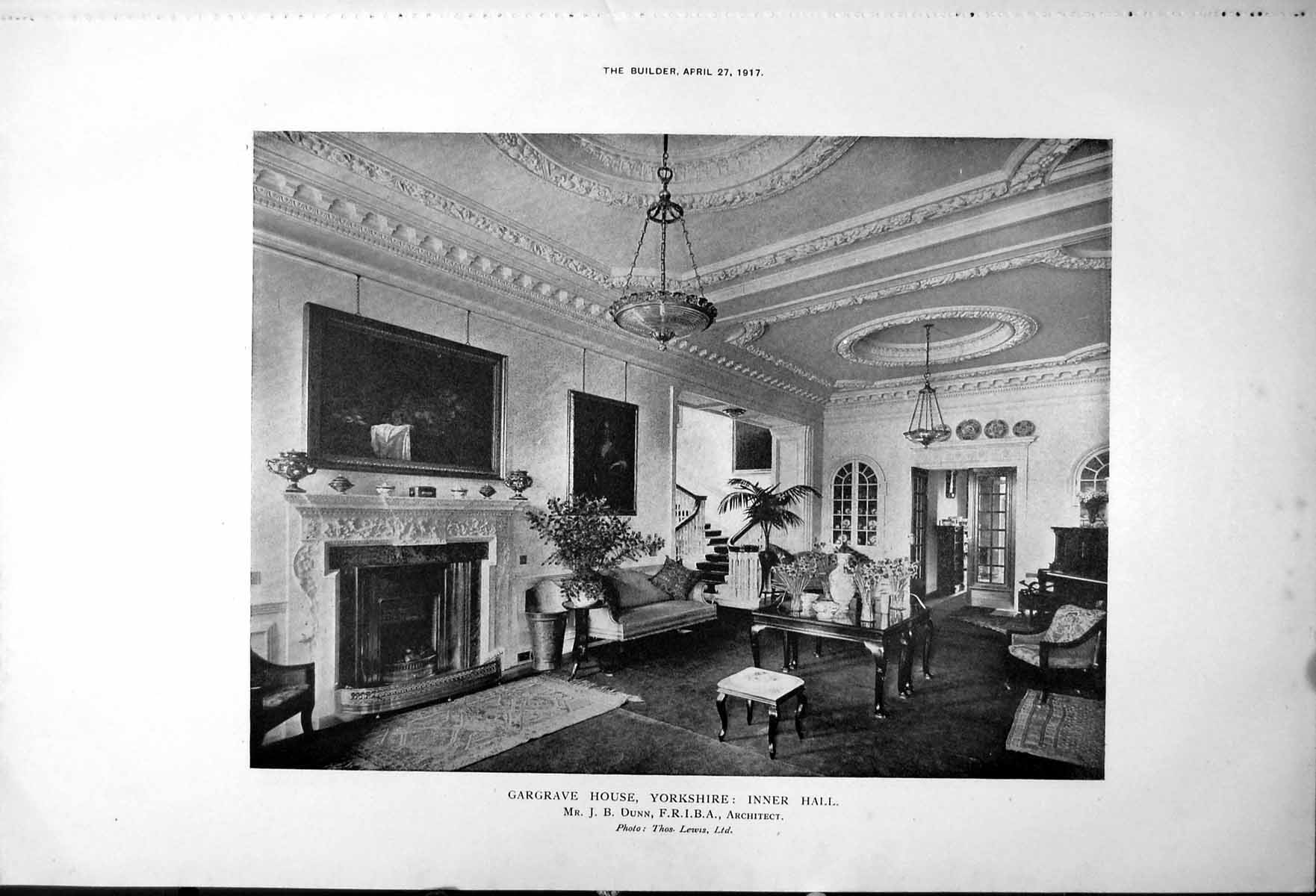 Antique Old Print Gargrave House Yorkshire Inner Hall Drawing Room Door 1917