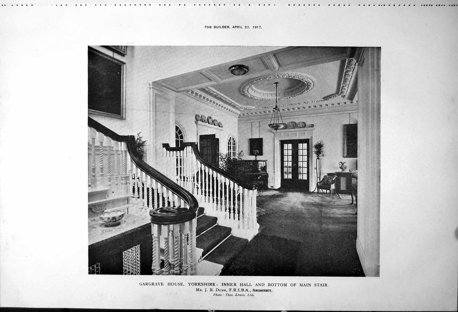 Old Print Gargrave House Yorkshire Inner Hall Stair Drawing Chimney 1917 20th