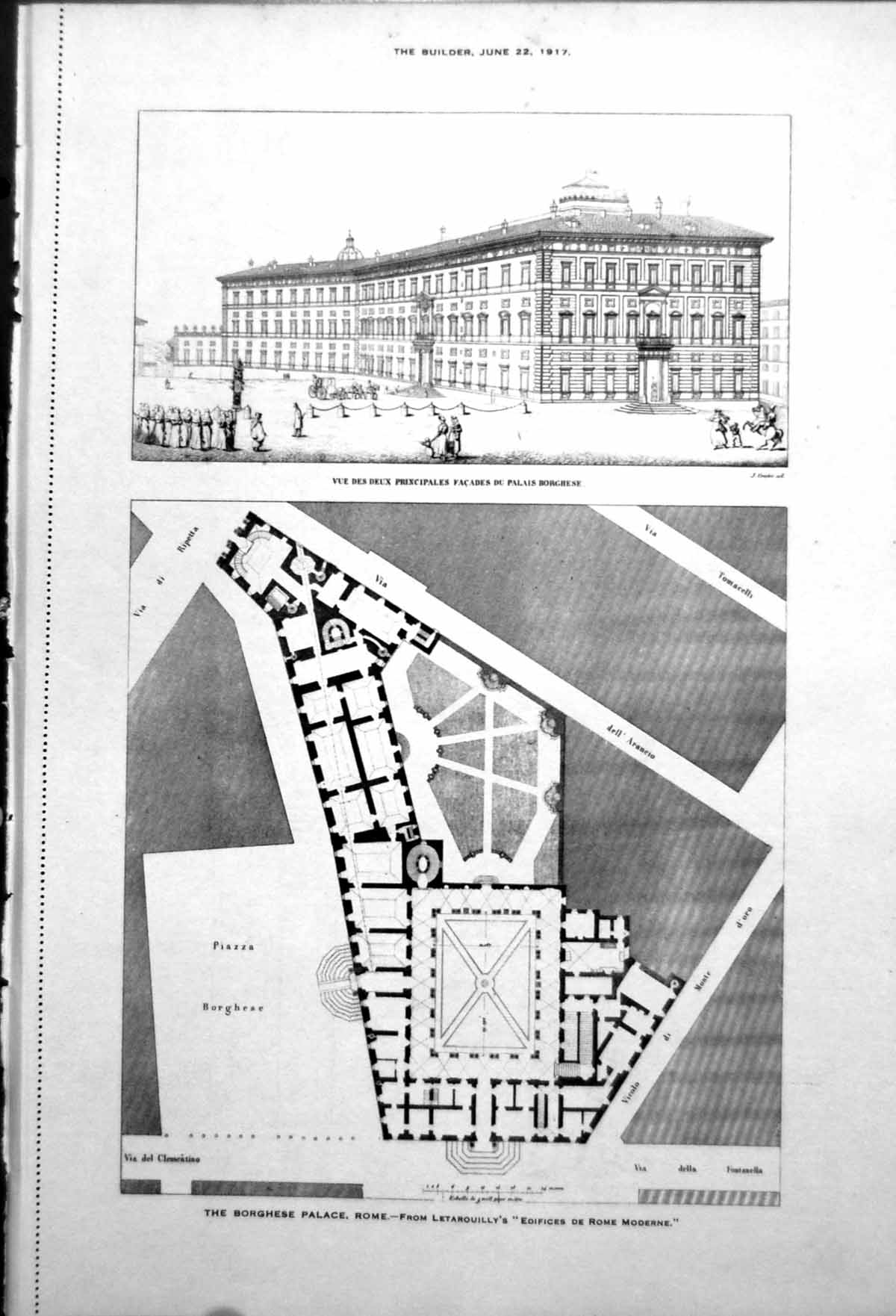 Old Print Borghese Palace Rome Facade Plan Details Columns Statues 1917 20th