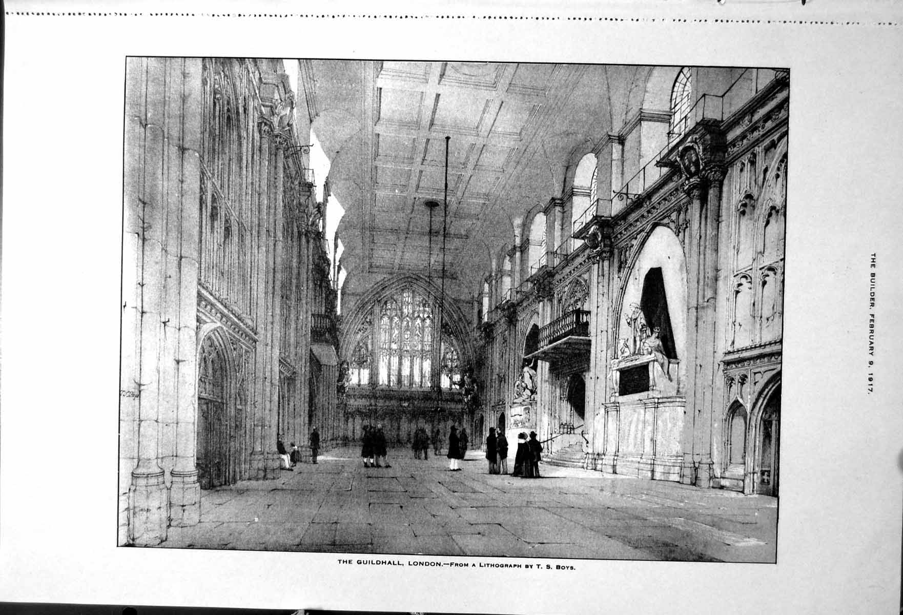 Antique Old Print The Guildhall London Interior From Lithograph Ts Boys 1917