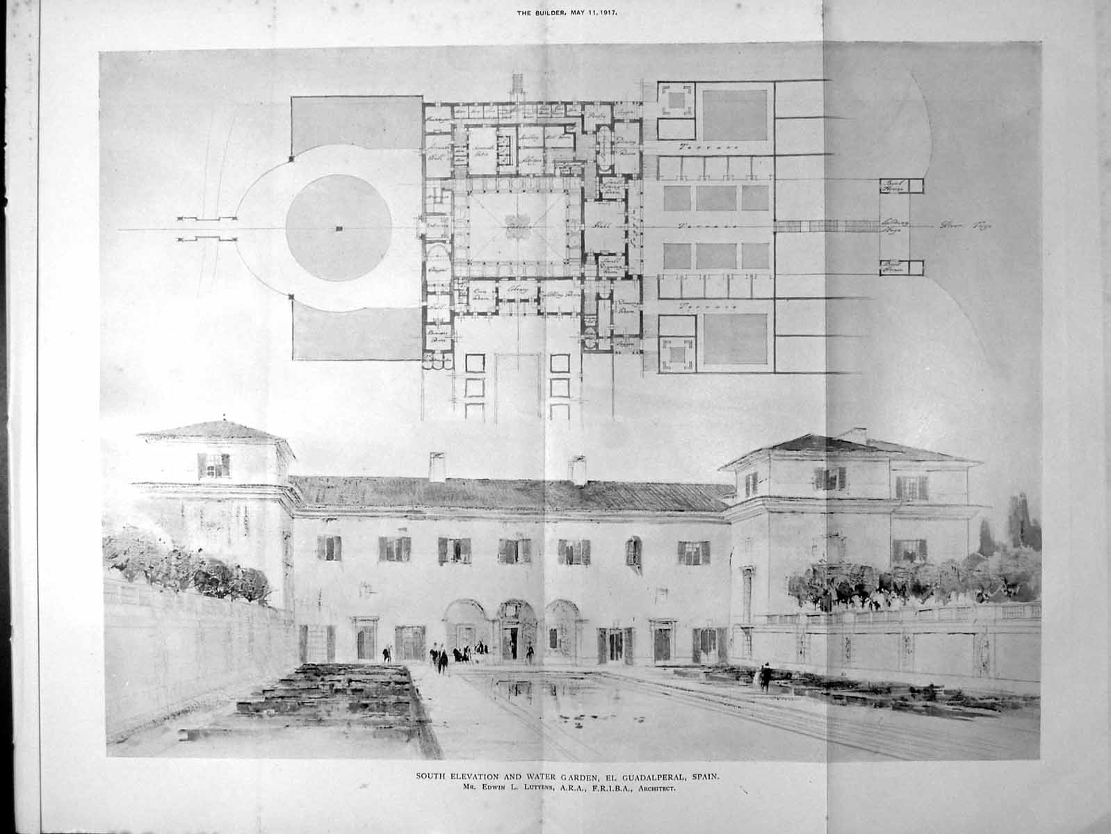 Antique Print S Elevation Water Garden El Guadalperal Spain Entrance 1917 20th