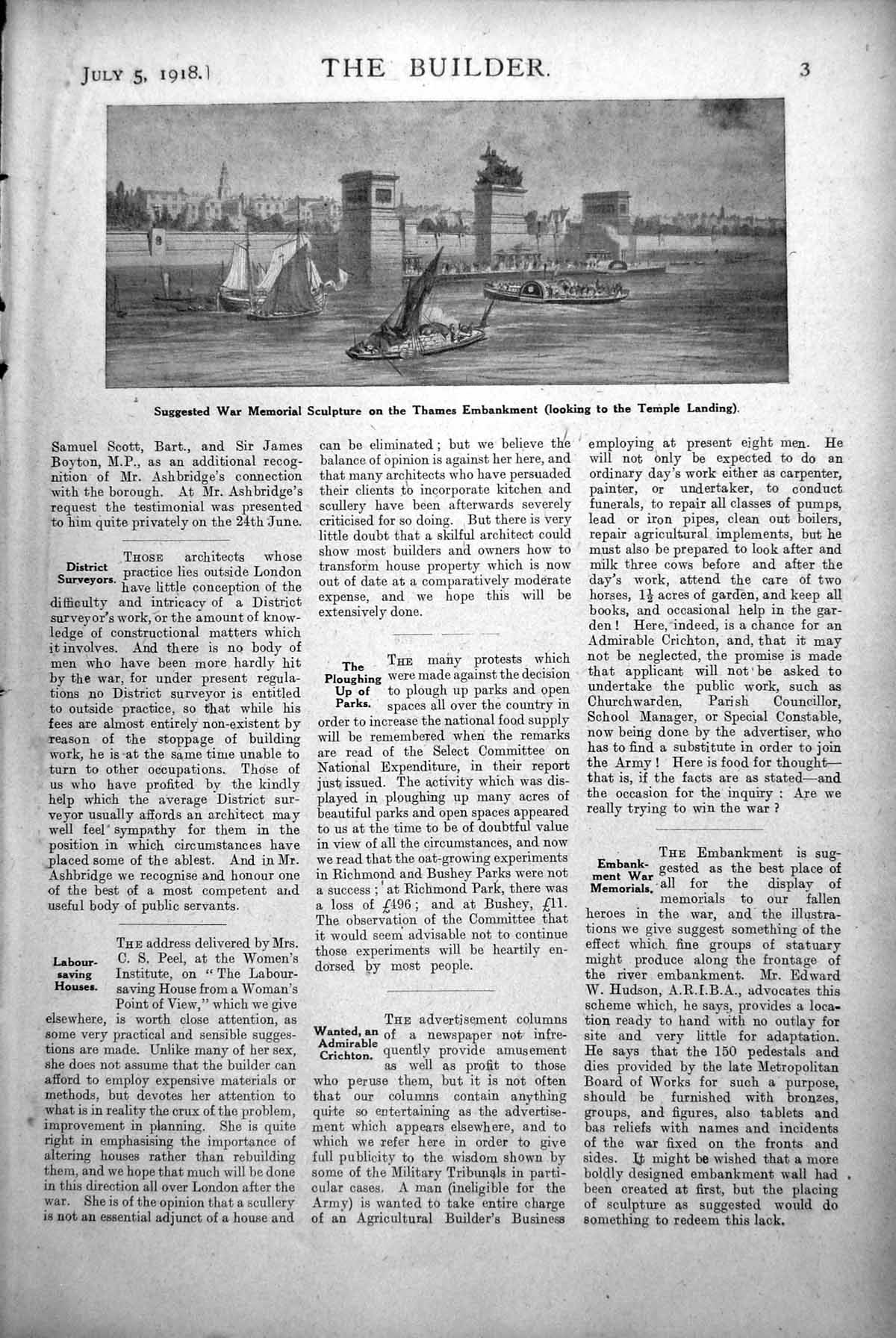 Antique Old Print Suggested War Memorial Sculpture Thames Temple Landing 1918