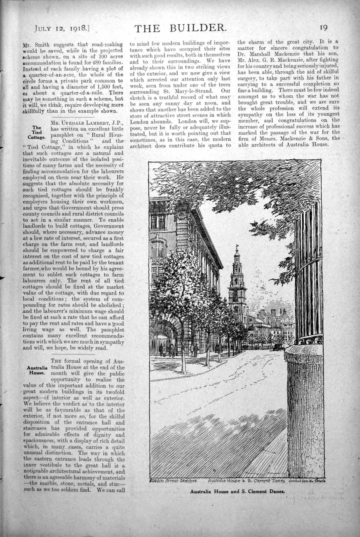 Antique Old Print Australia House And S. Clement Danes Street View Trees 1918