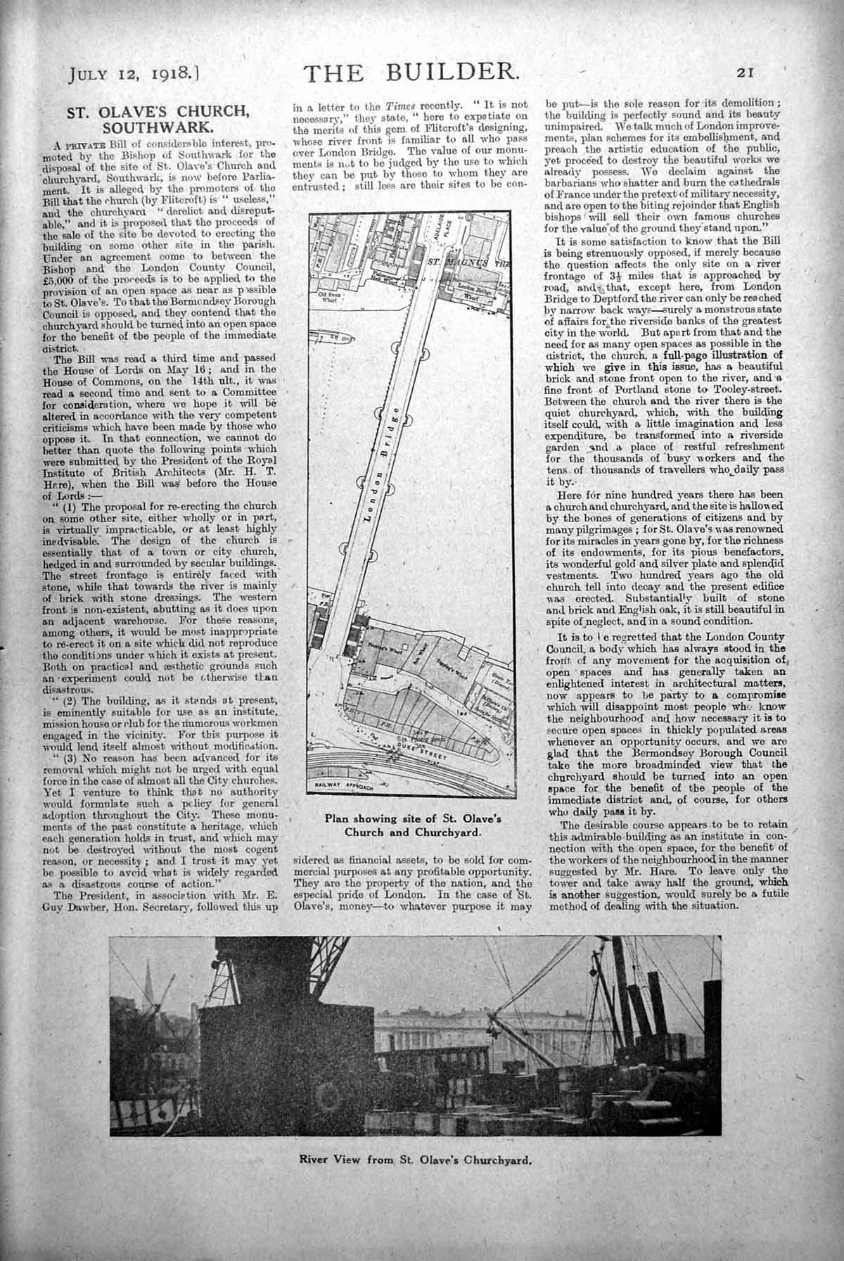 Antique Old Print St. Olaves Church Churchyard Plan Site River View From 1918