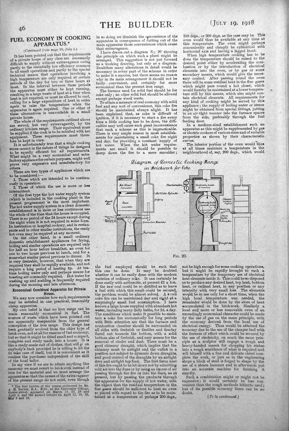 Old Vintage Print Diagram Domestic Cooking Range Brickwork For Coke 1918 20th
