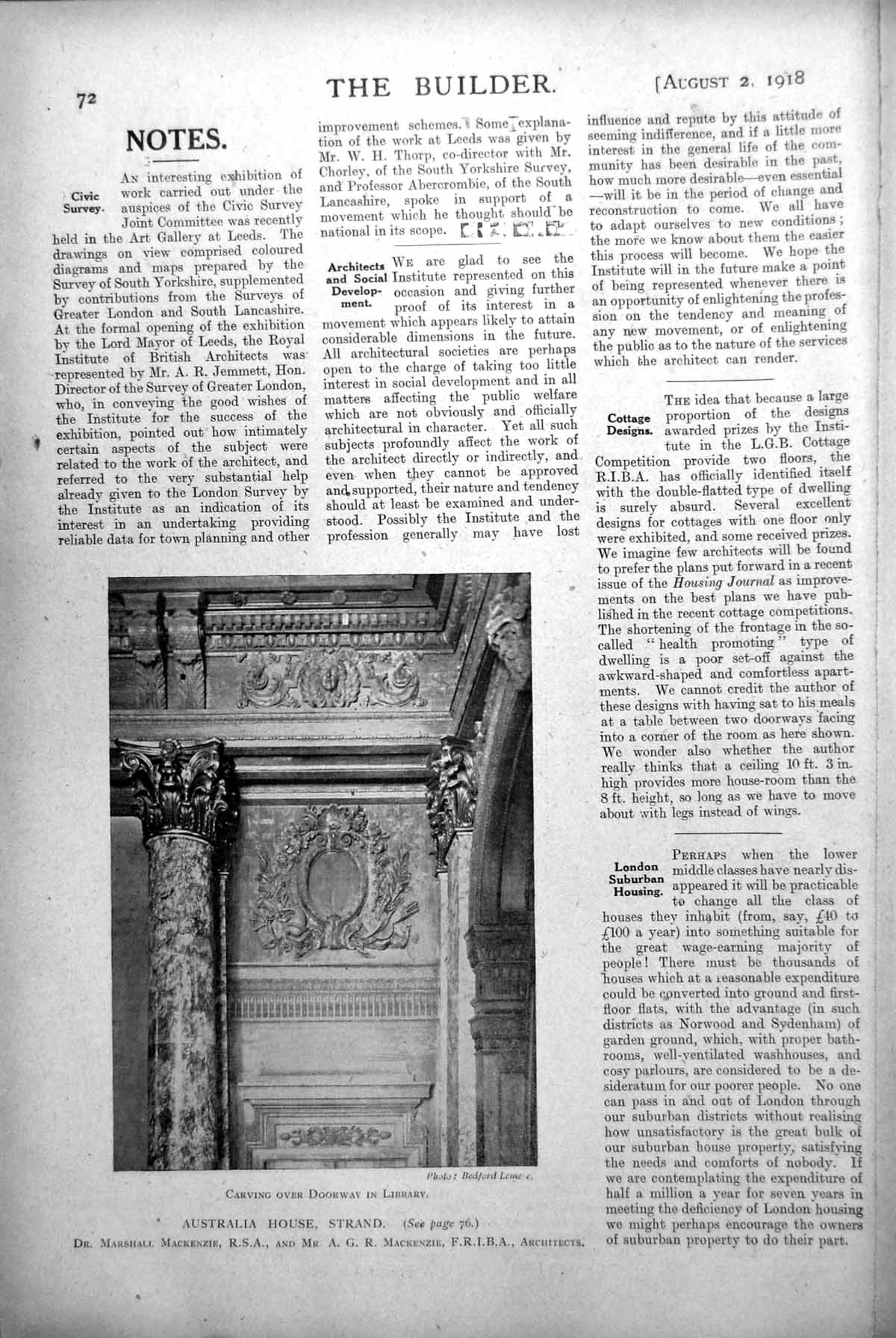 Old Print Australia House Strand London Carving Over Doorway Library 1918 20th