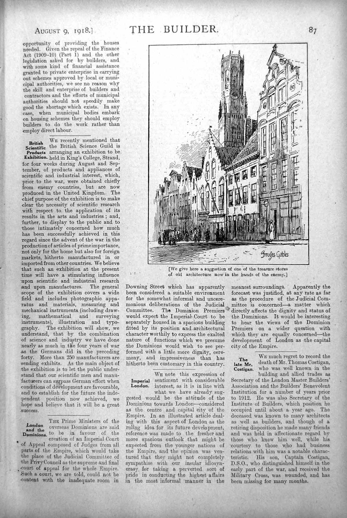 Antique Old Print Bruges Gables Treasure Store Architecture Hands Enemy 1918