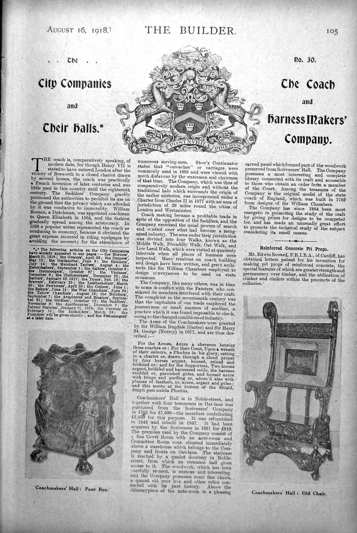 Antique Old Print Coach Harness Makers' Coachmakers Hall Chair Poor Box 1918