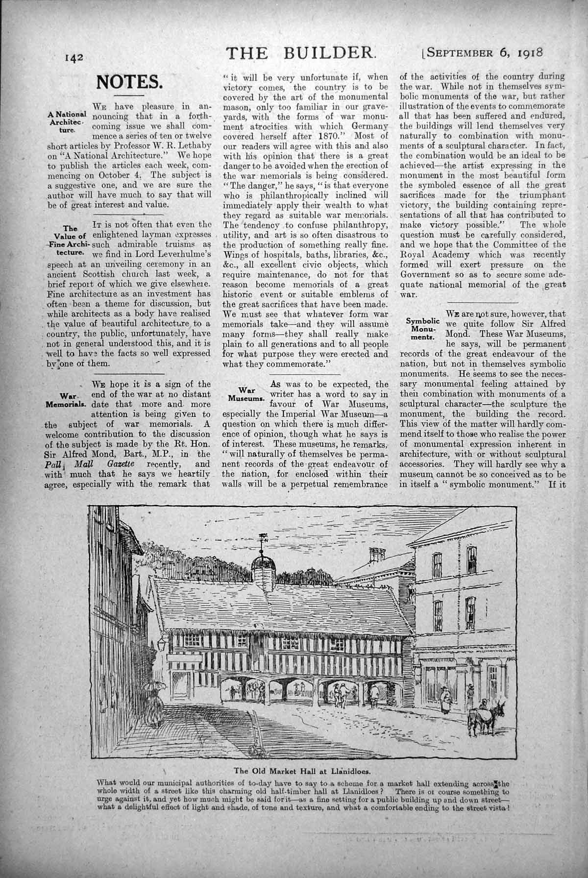 Antique Print Market Hall Llanidloes Weather Vane Horse People Street 1918 20th