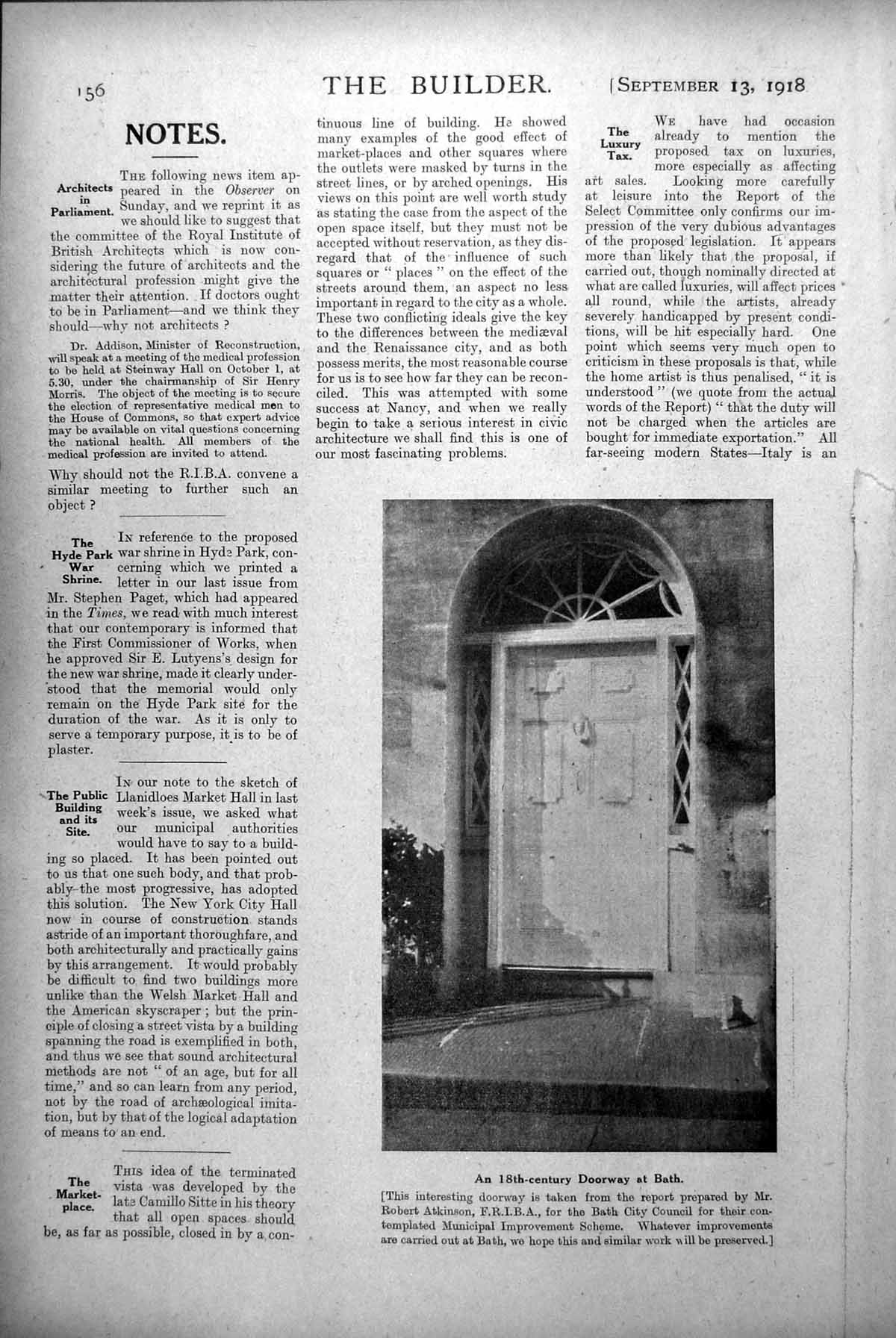 Antique Old Print C 18th Doorway Bath Hopefully Preserved Municipal Works 1918
