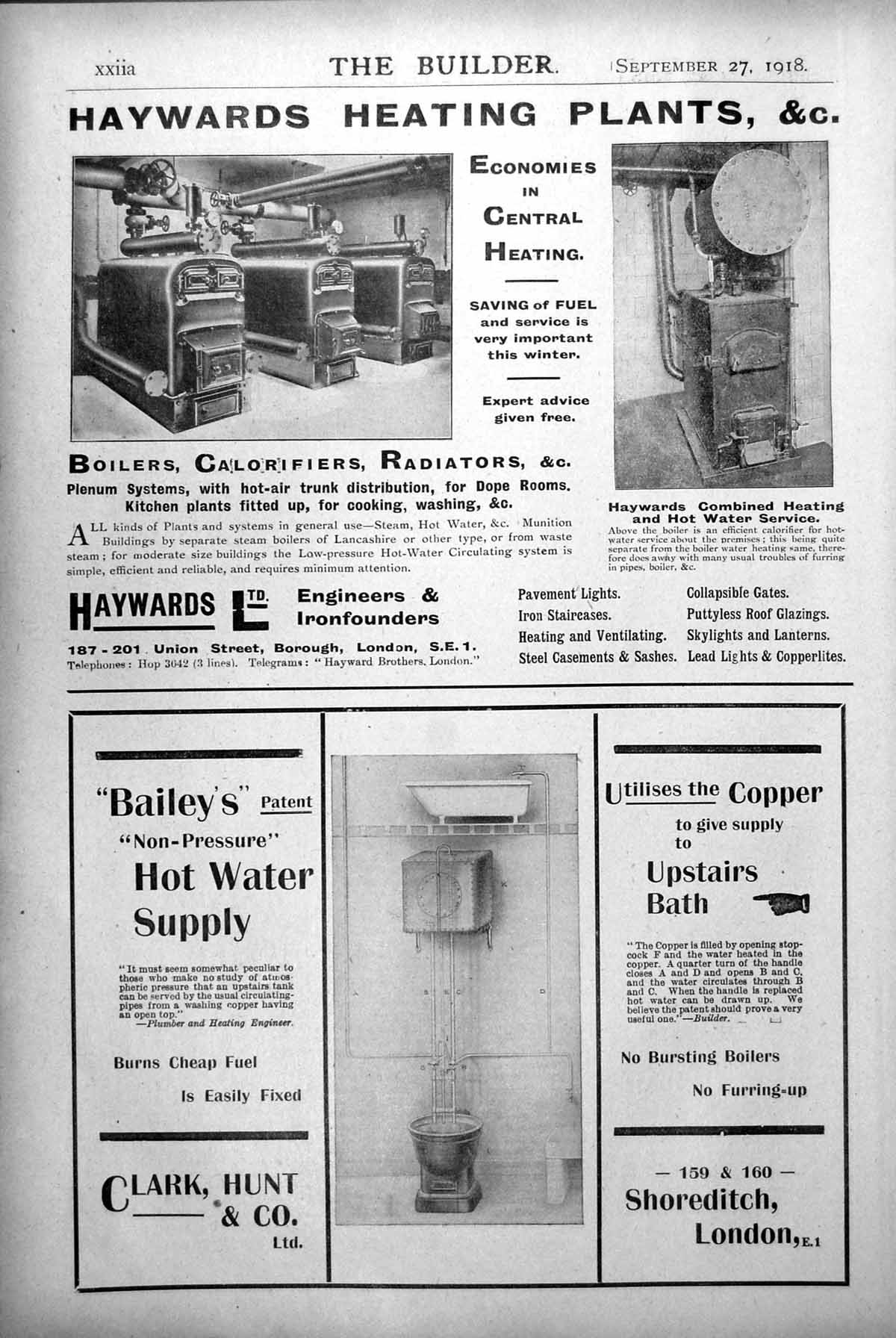 Old Haywards Heating Plants Boilers Calorifiers Radiators Advert 1918 20th