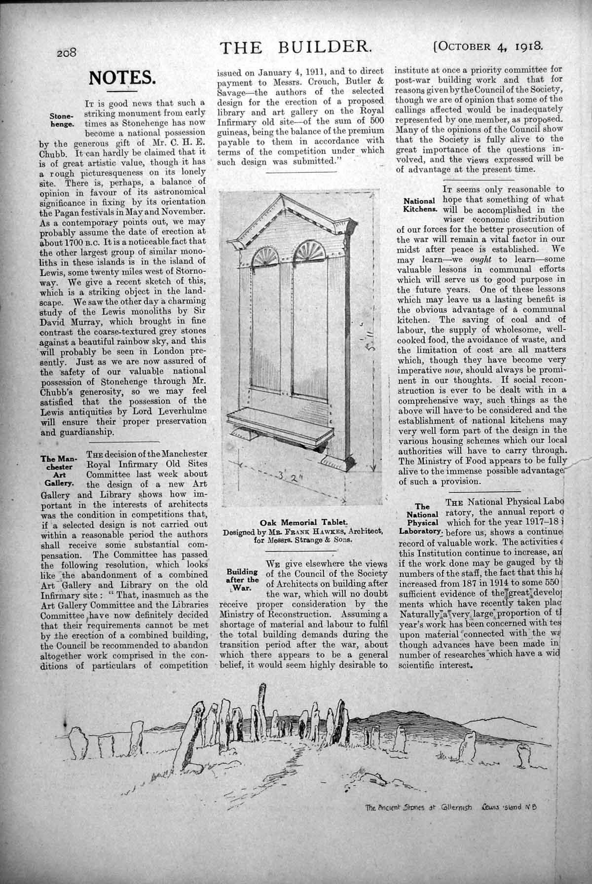 Old Print Callernish Lewis Ancient Stones Oak Memorial Tablet Hawkes 1918 20th