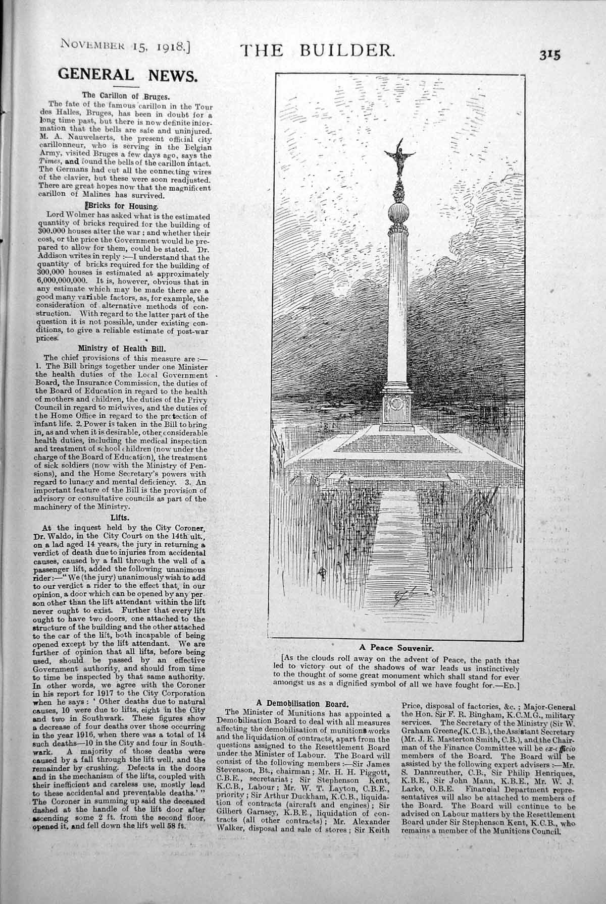 Original Old Vintage Print A Peace Souvenir Statue Column Memorial 1918 20th