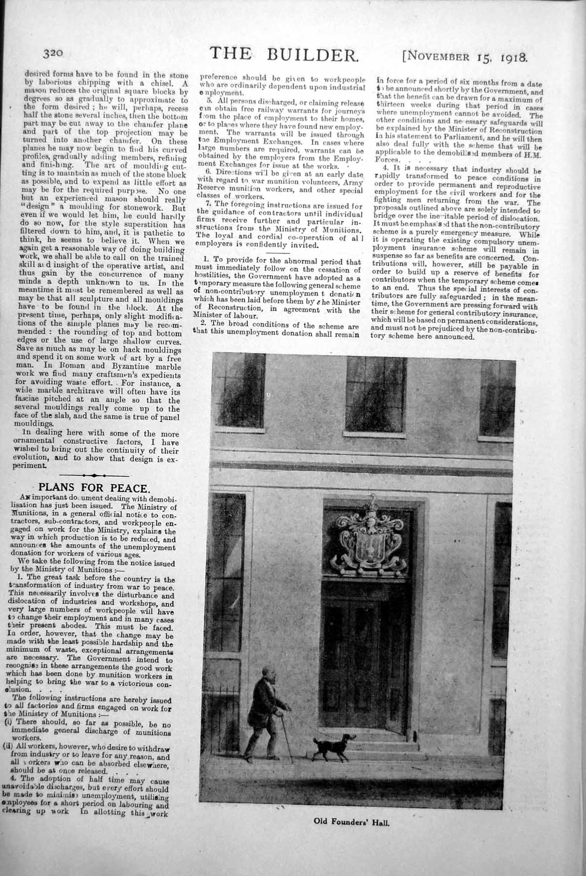 Original Old Vintage Print Founders' Hall External Facade Man Walking Dog 1918