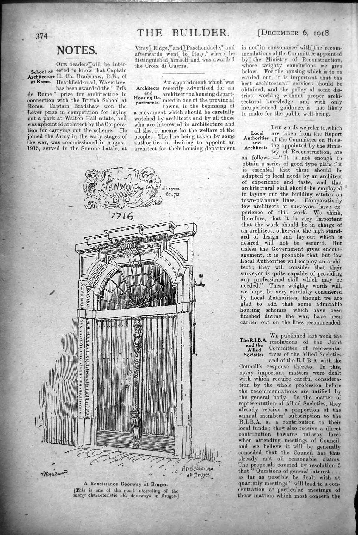 Original Old Vintage Print Renaissance Doorway Bruges Carving 1918 20th Century