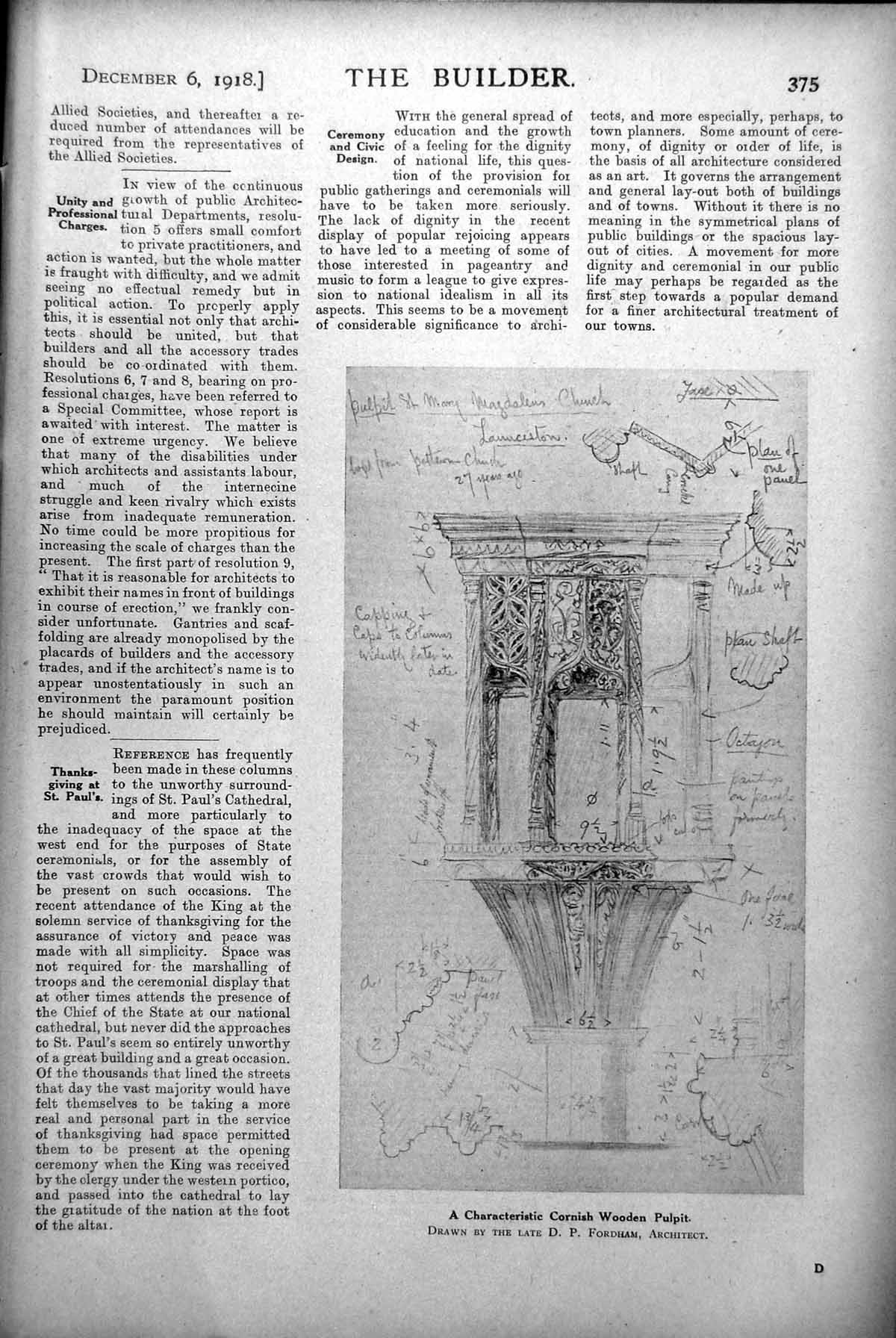 Antique Old Print Characterisitc Cornish Wooden Pulpit Sketch Drawing 1918 20th