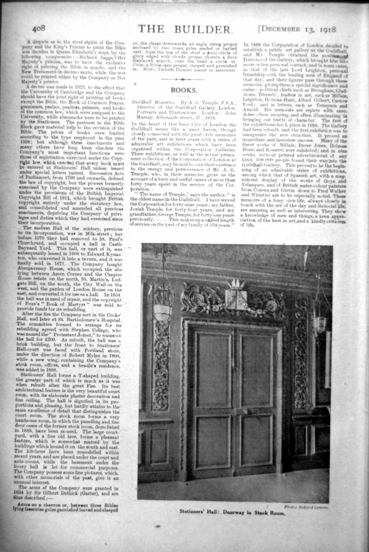 Old Vintage Print Stationer'S Hall Doorway Stock Room Coat Arms Plan 1918 20th