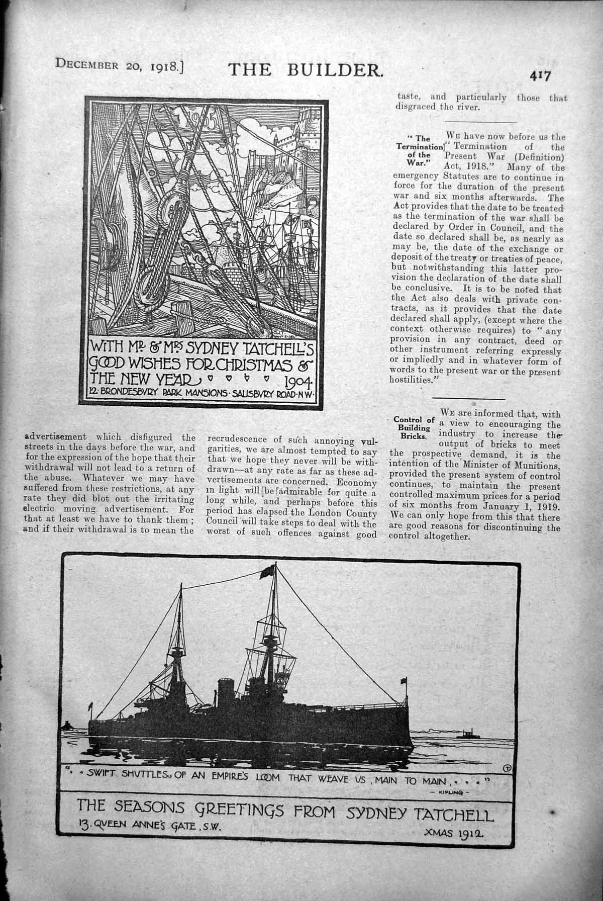 Old Print Design Christmas New Year Card Ship Docks Sydney Tatchell 1918 20th