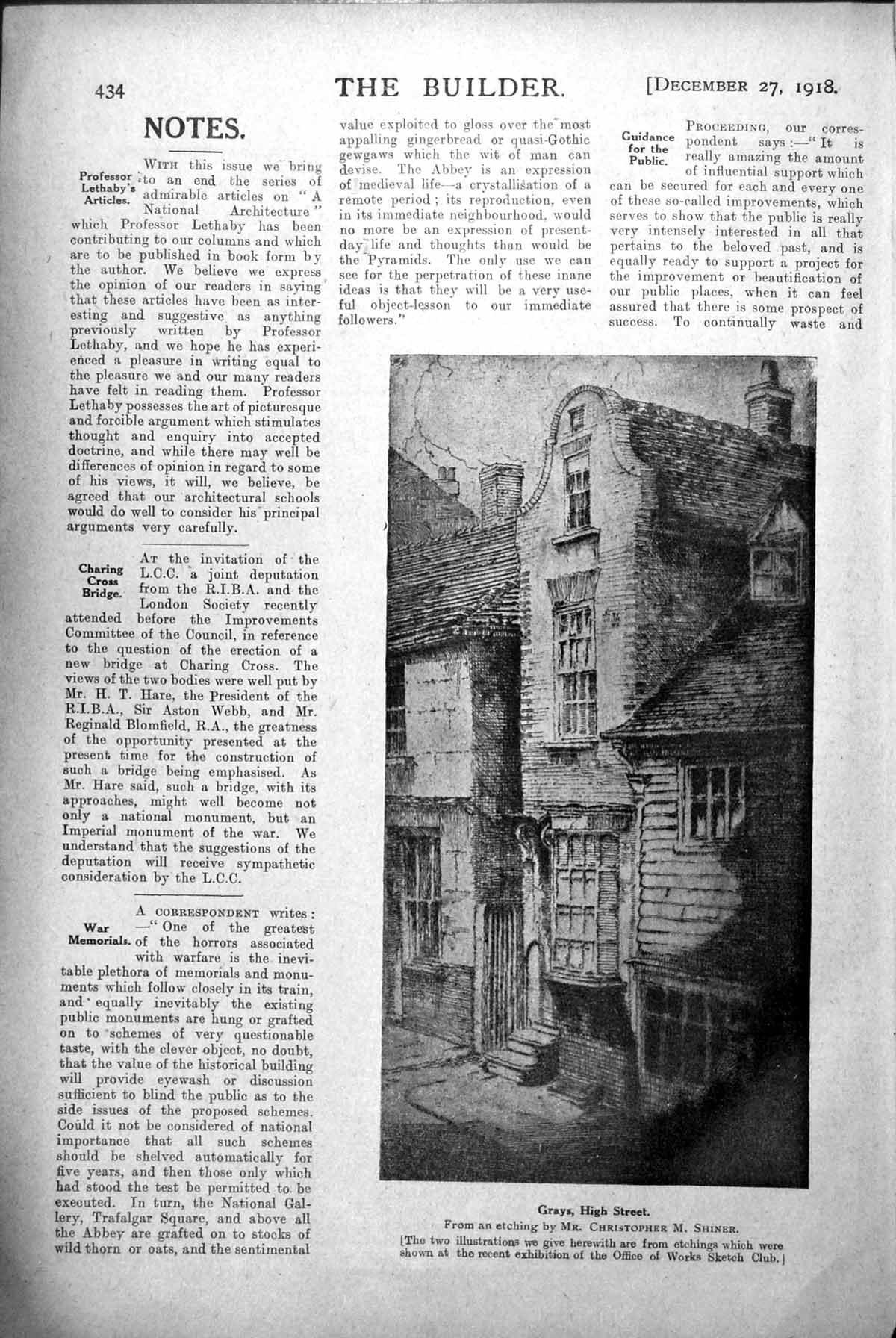 Antique Old Print Grays High Street From Etching Christopher M Shiner 1918 20th