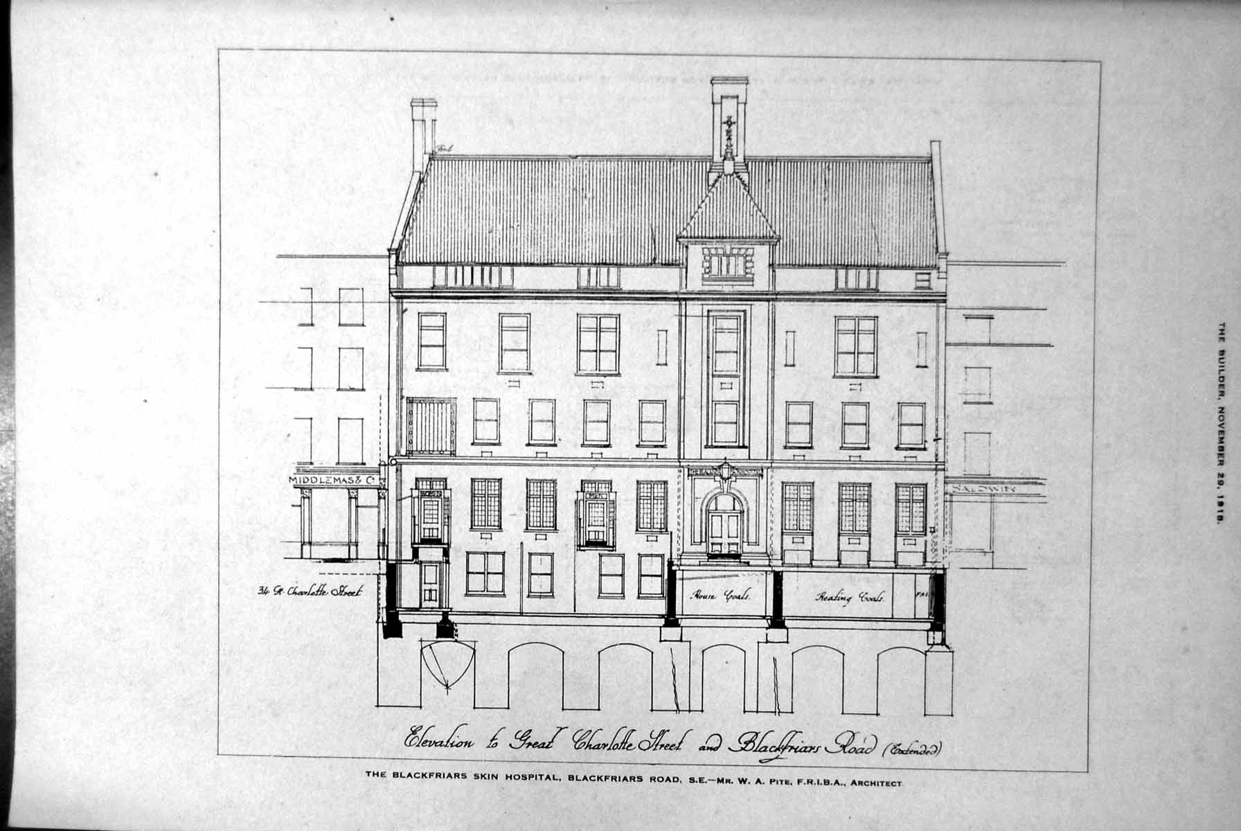 Antique Print Blackfriars Skin Hospital Elevation Plan Basement Ground 1918