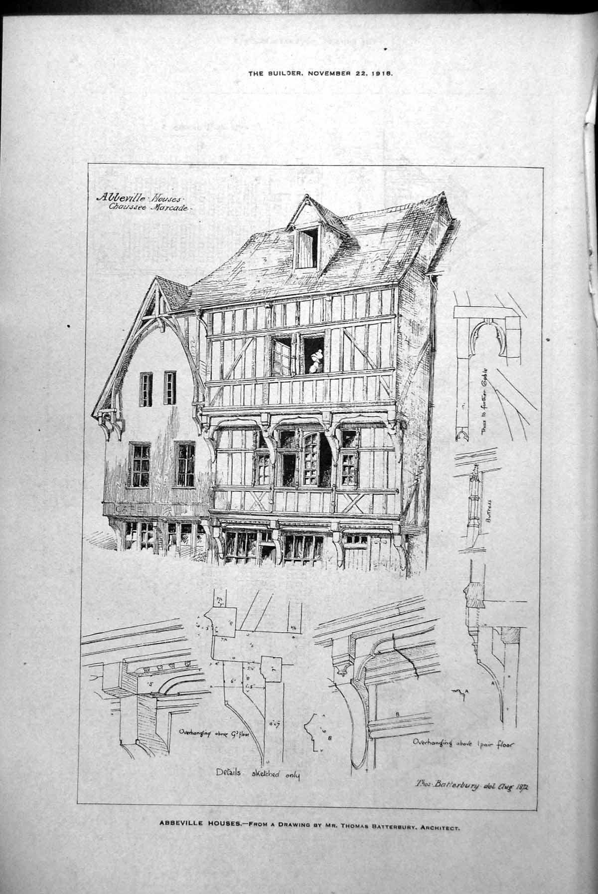 Old Print Abbeville Houses Drawing T Batterbury Village Hall Church 1918 20th