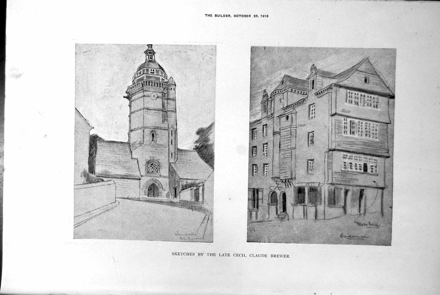 Antique Old Print Sketches Cecil Claude Brewer Clock Tower Street Shops 1918
