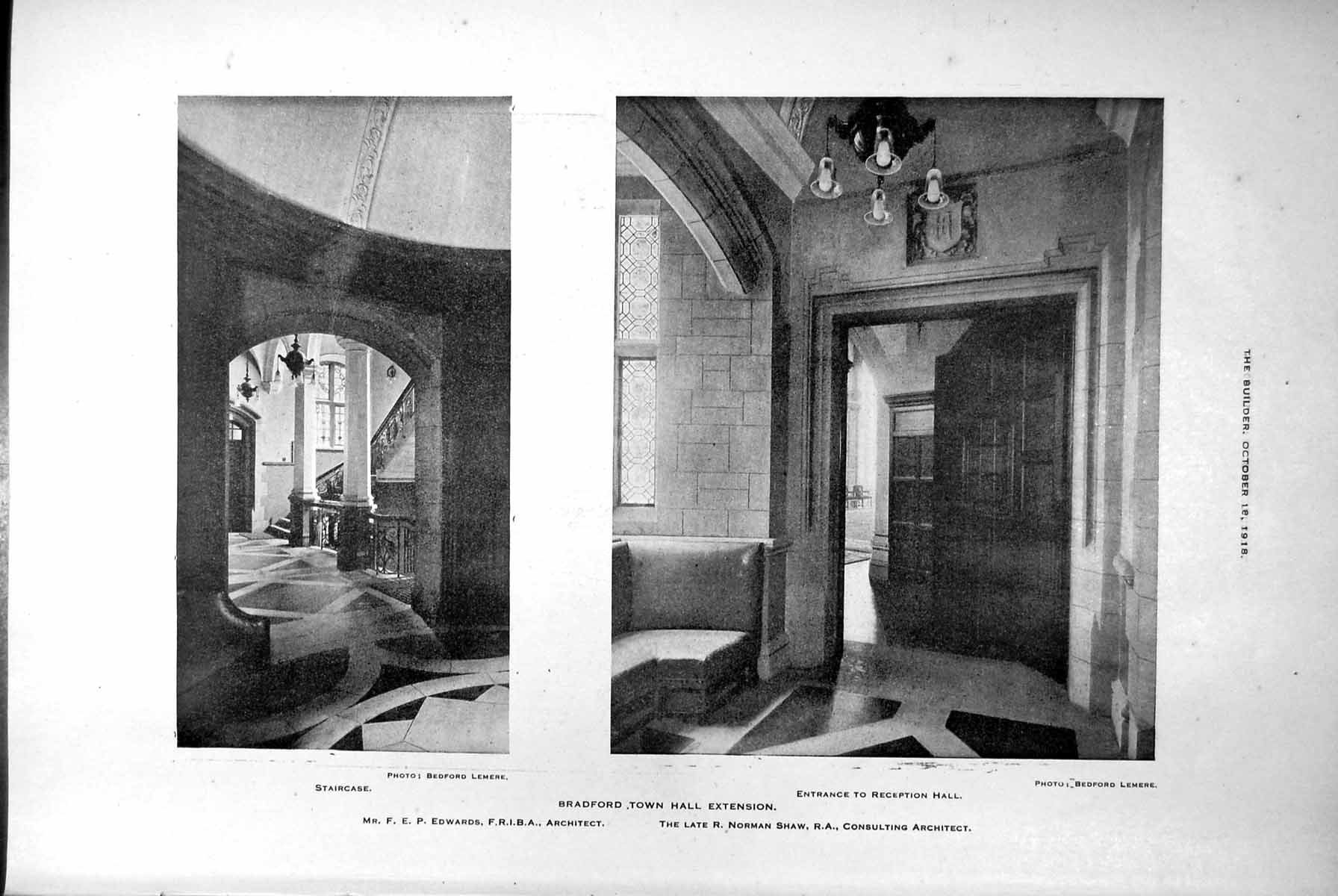 Antique Old Print Bradford Town Hall Extension Staircase External View 1918