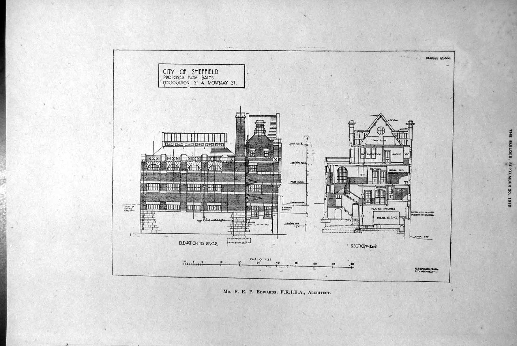Antique Old Print City Sheffield Proposed New Baths Elevations Sections 1918