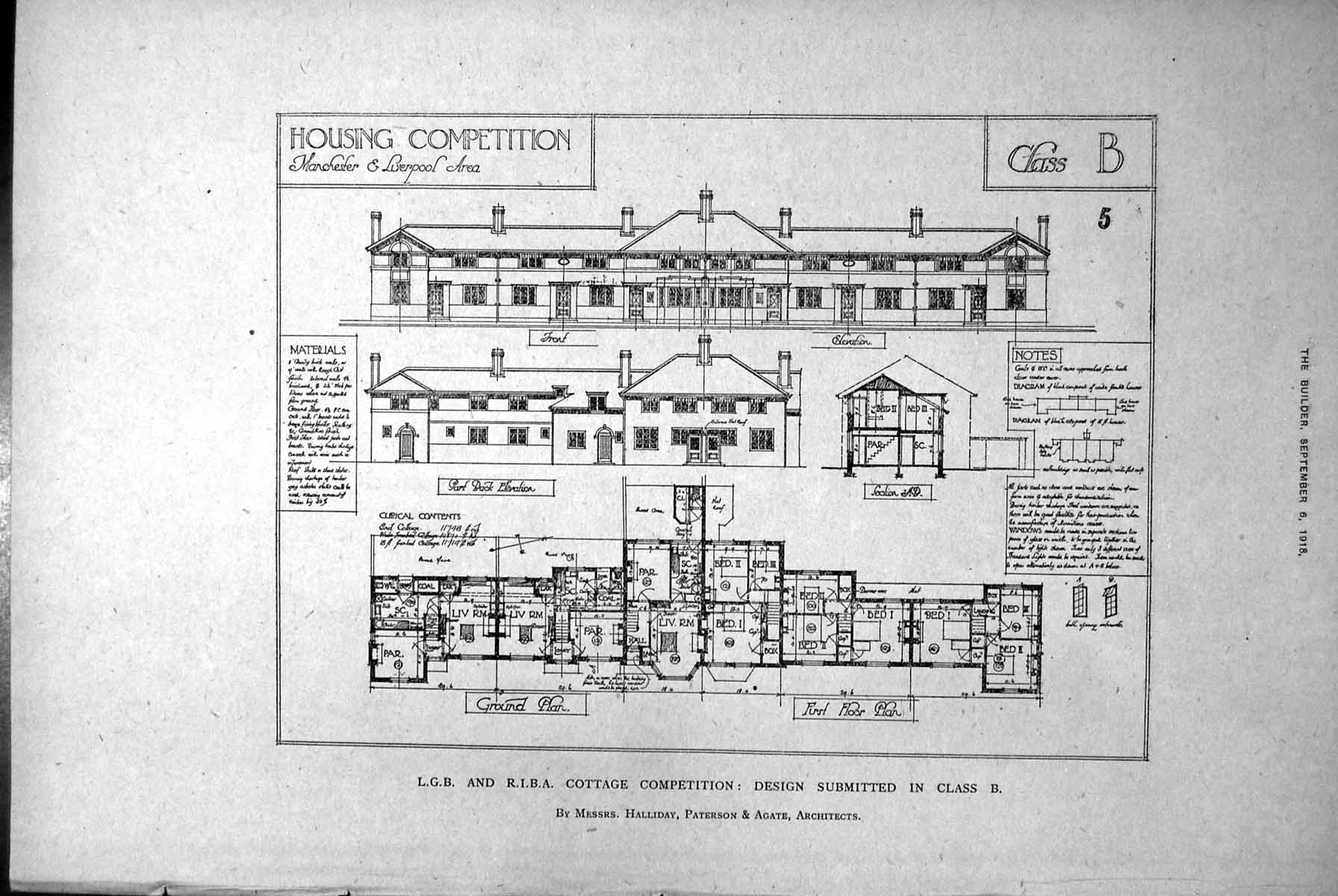 Antique Old Print Housing Cottage Competition Manchester Liverpool Plans 1918