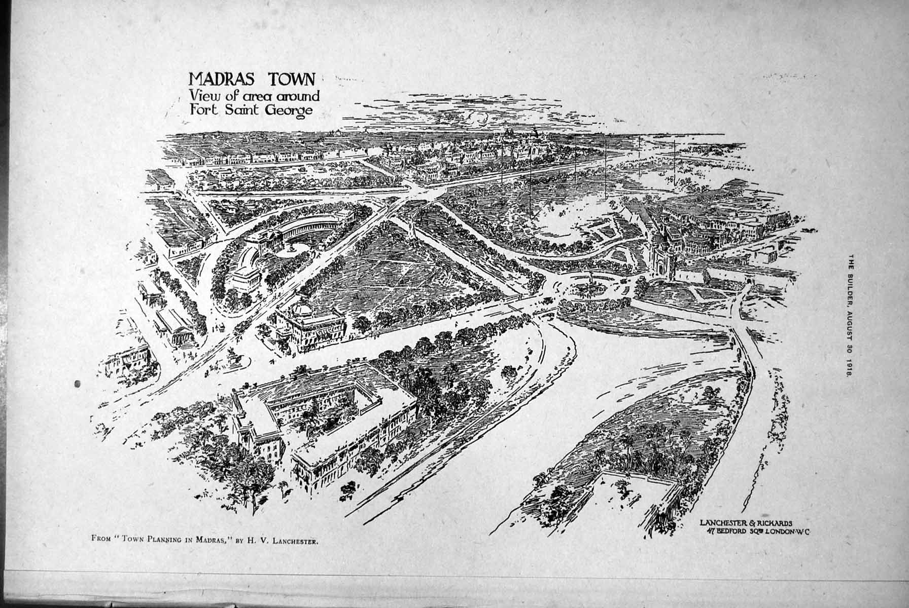 Old Print Madras Town Around Fort Saint George Working Class Houses 1918 20th