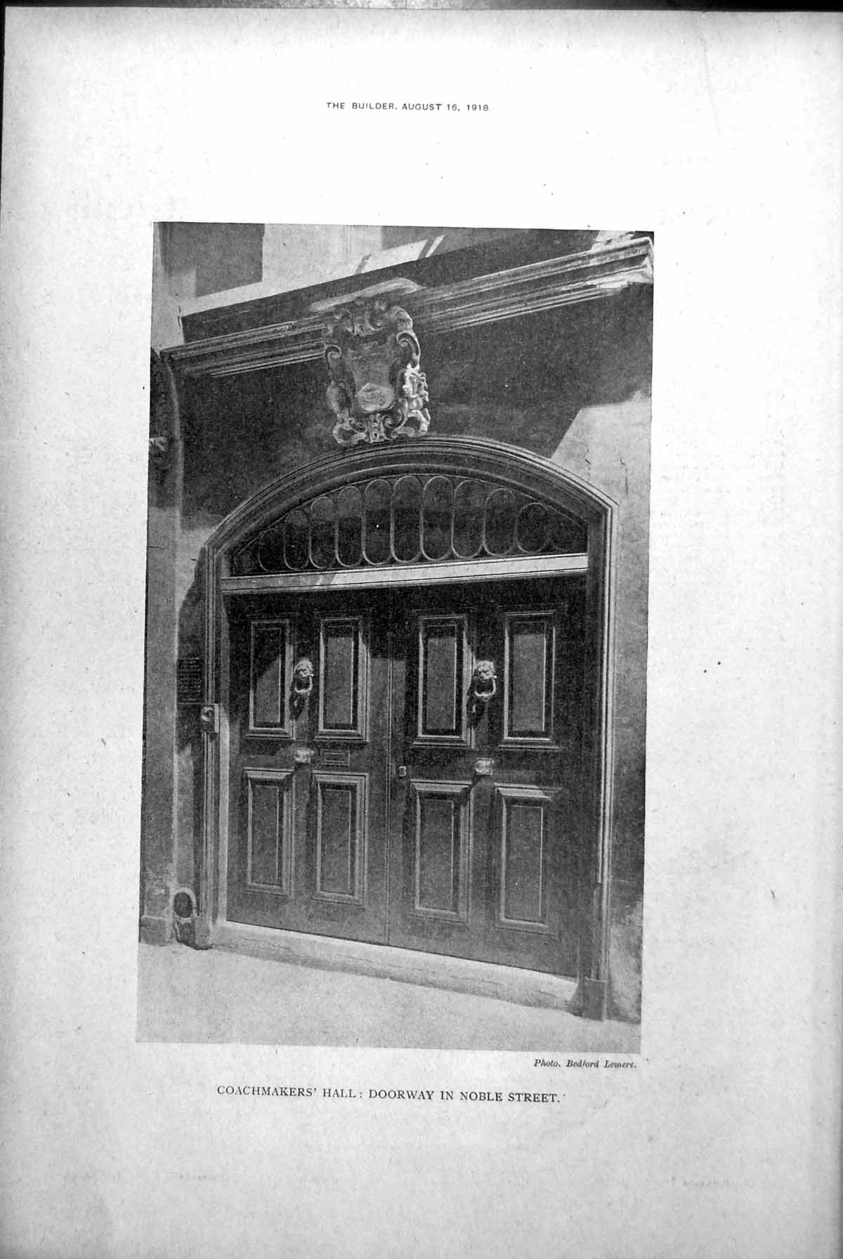 Antique Old Print Coachmakers' Hall Doorway Noble St Court Room Panel 1918 20th