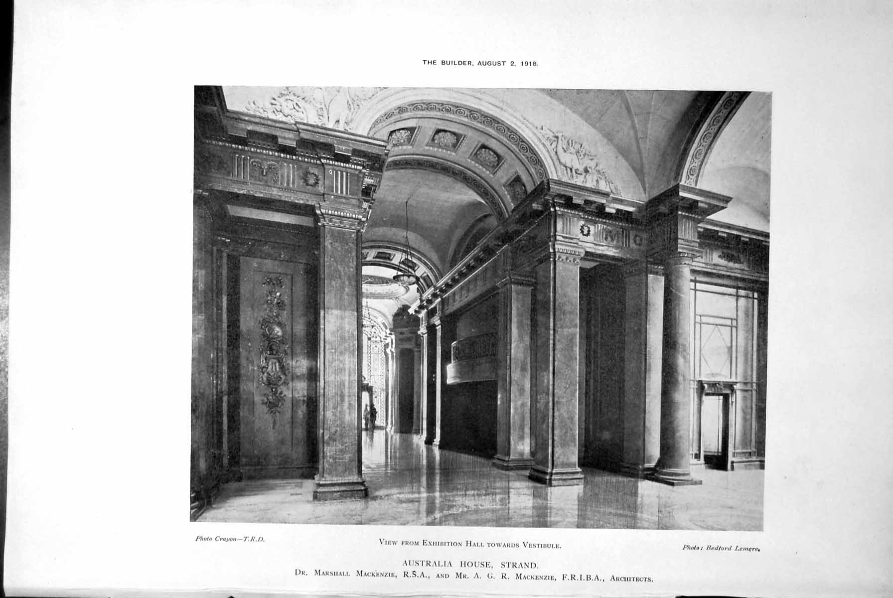 Antique Old Print Australia House Strand Towards Vestibule Looking East 1918