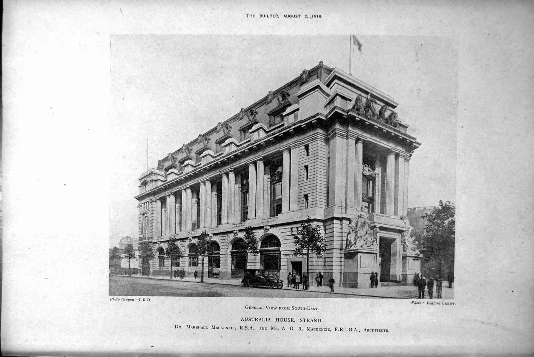 Antique Old Print Australia House Strand External View From Se Motor Car 1918