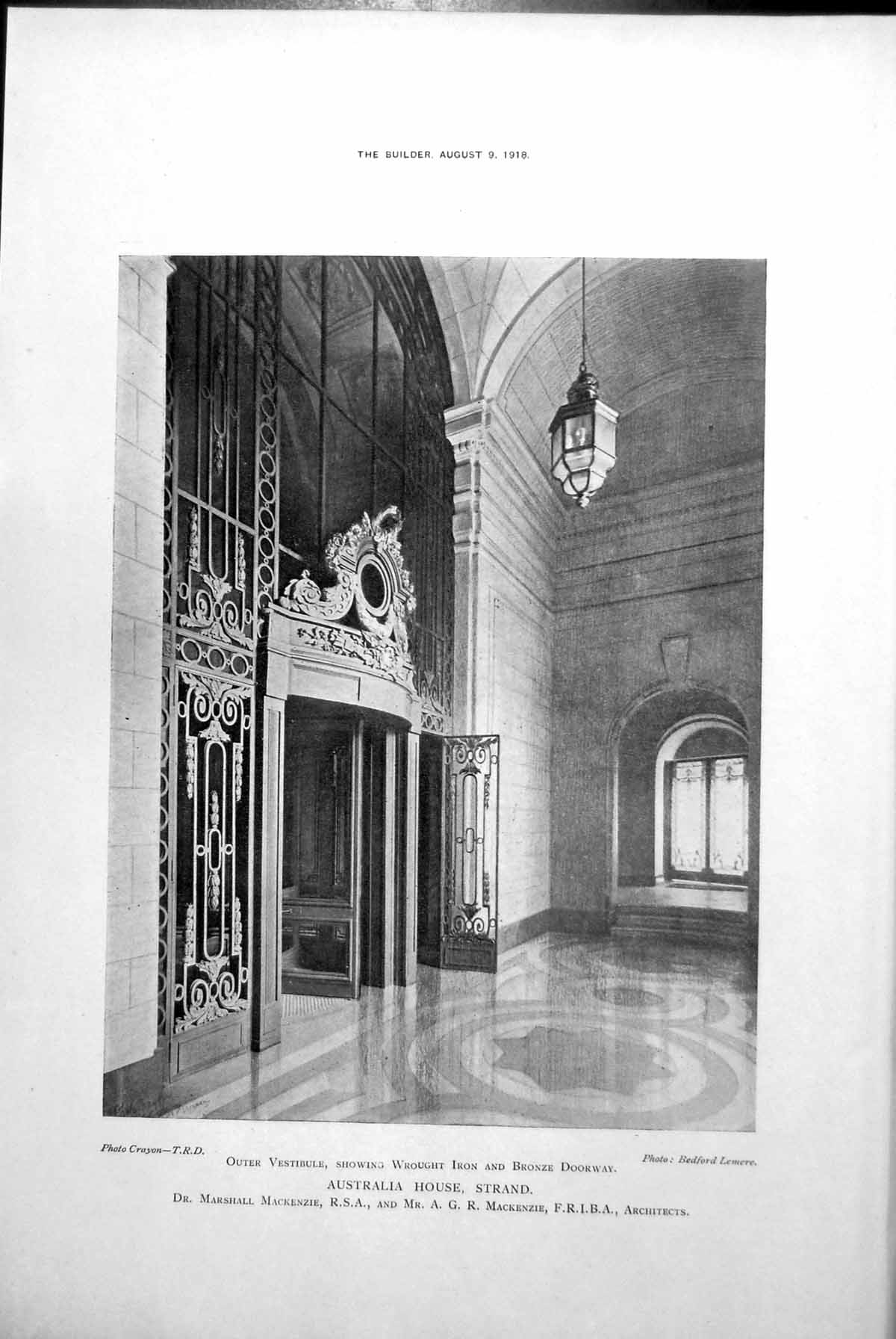 Old Vintage Print Australia House Strand Wrought Iron Bronze Doorway 1918 20th