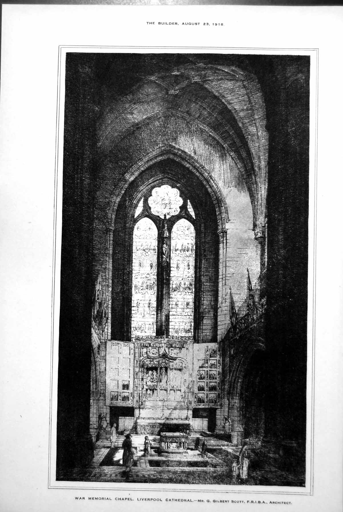 Antique Old Print War Memorial Chapel Liverpool Cathedral Stained Glass 1918