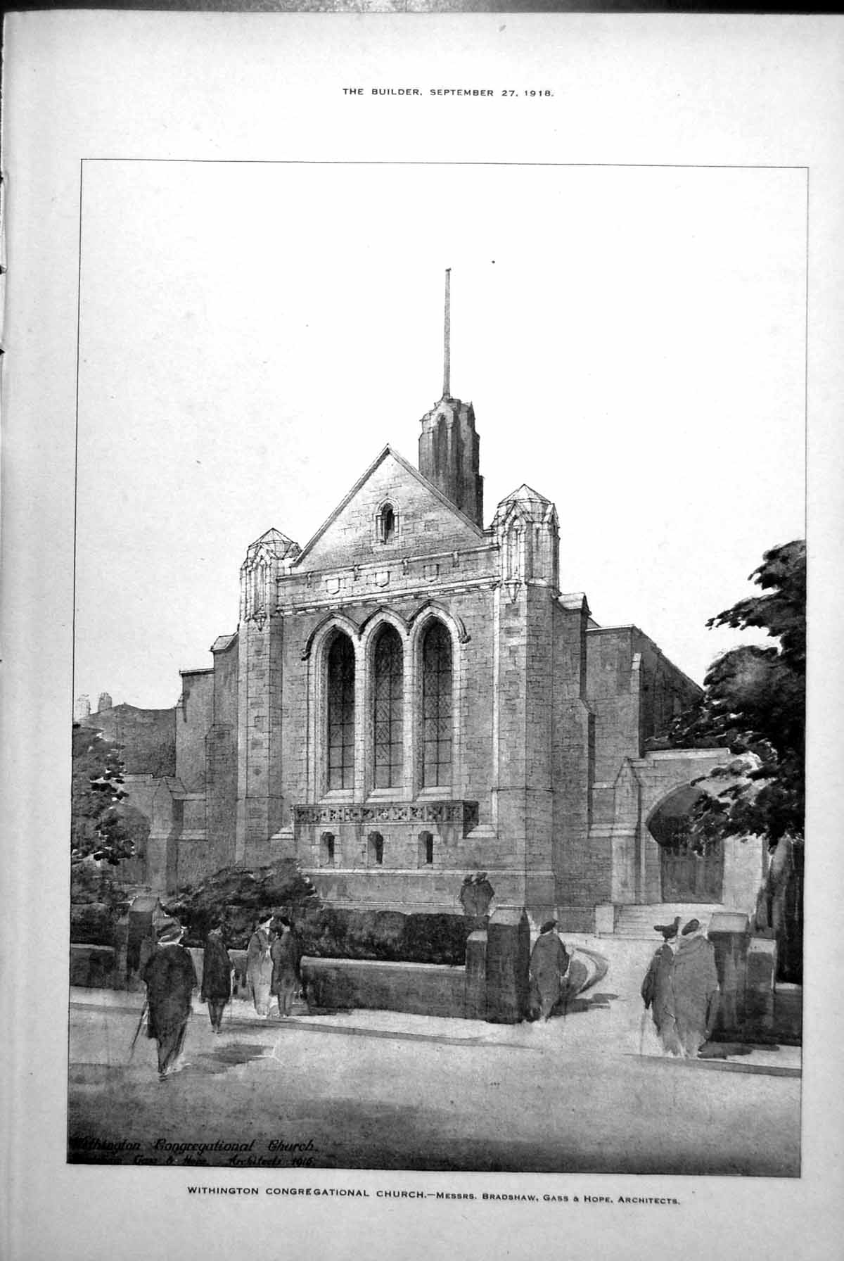 Antique Old Print Withington Congregational Church Exterior Passers By 1918