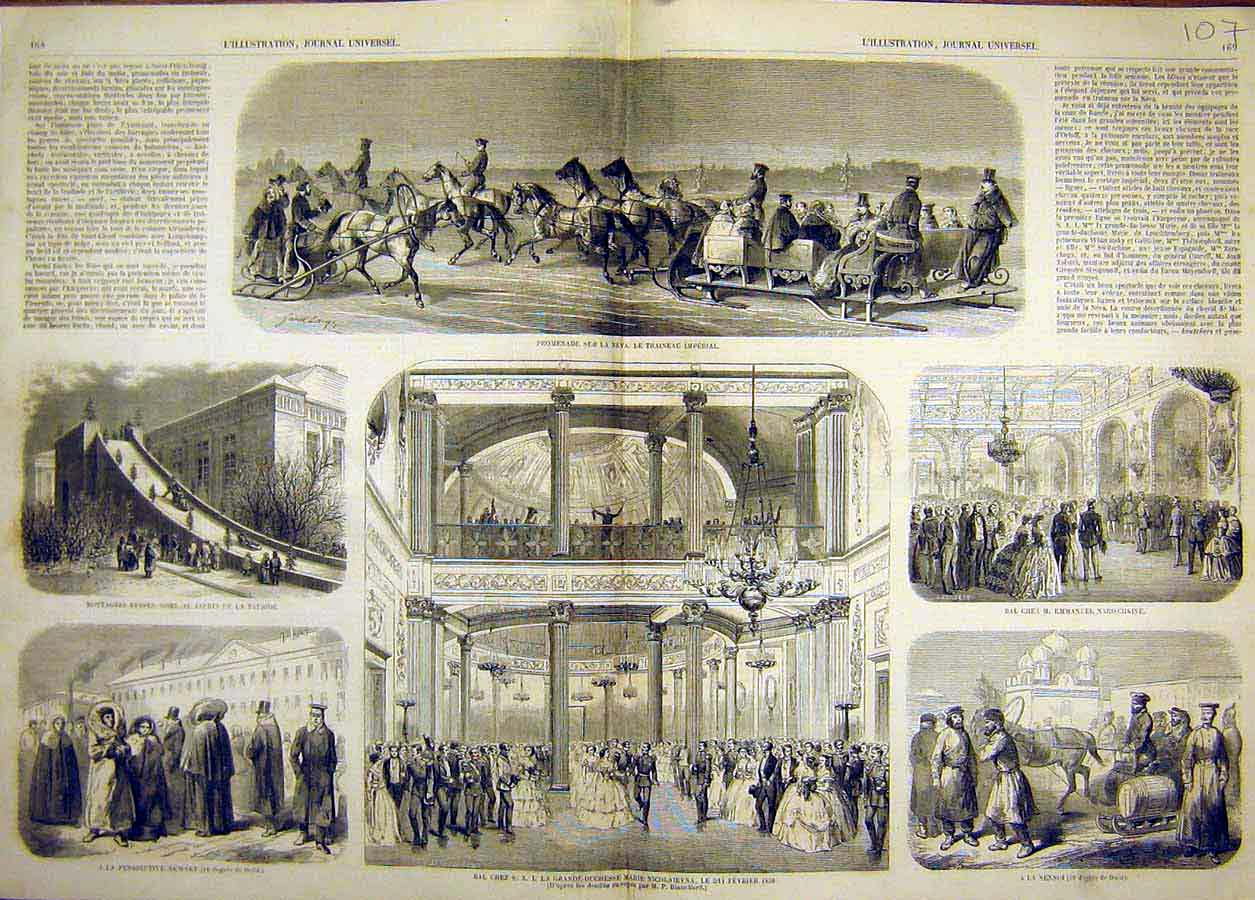 Original Old Antique Print 1858 Neva Imperial Sledge Ball Russia Nicolaievna