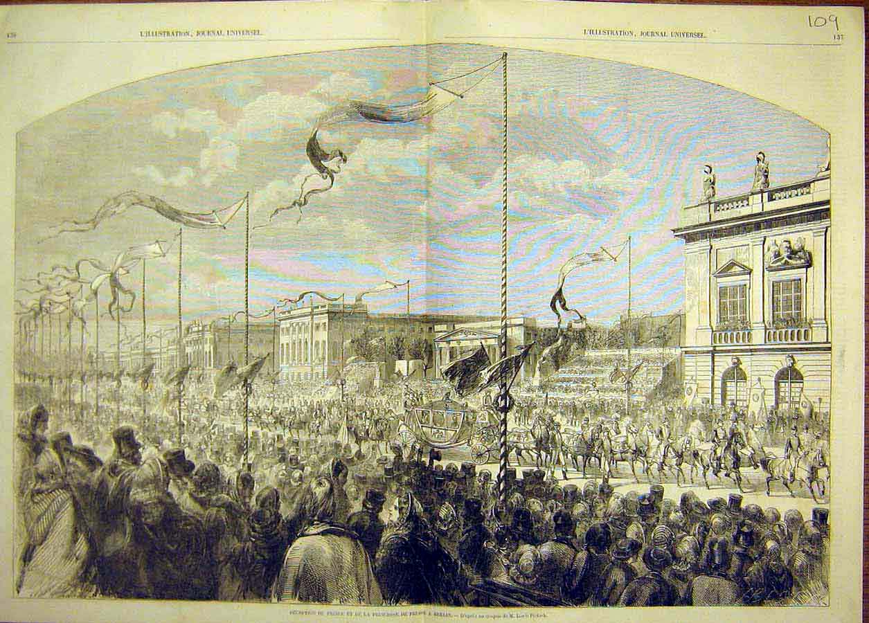 Original Old Antique Print 1858 Prince Princess Prussia Berlin Procession 19th