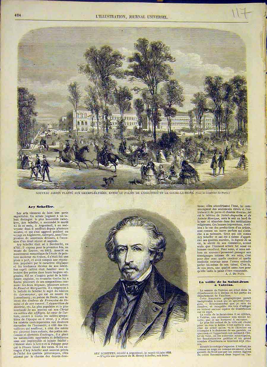 Original Old Antique Print 1858 Champs-Elysees Garden Schieffer Argenteuil 19th