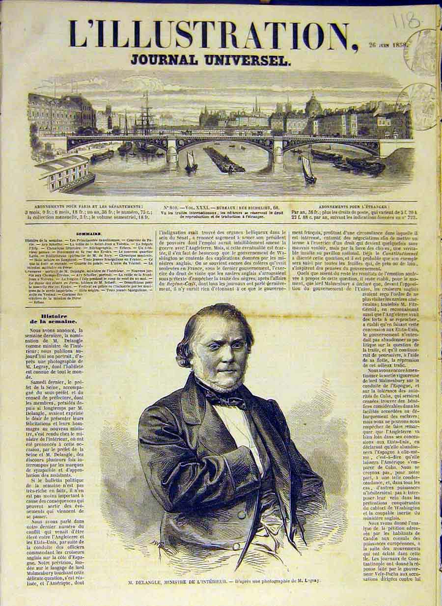 Original Old Antique Print 1858 Delangle Interior Minister Portrait French 19th
