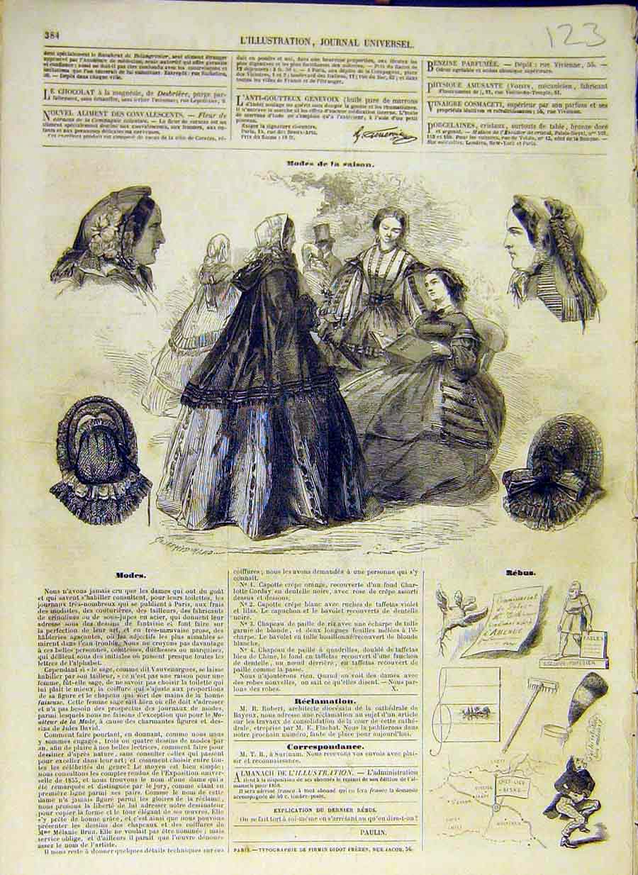 Original Old Antique Print 1858 Paris Fashion Ladies French Gown Dress Victorian