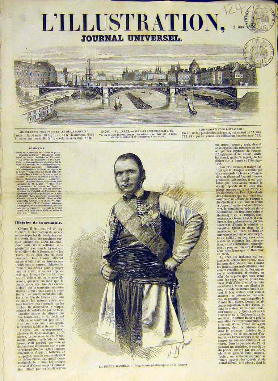 Original Old Antique Print 1858 Portrait Prince Danielo French 19th