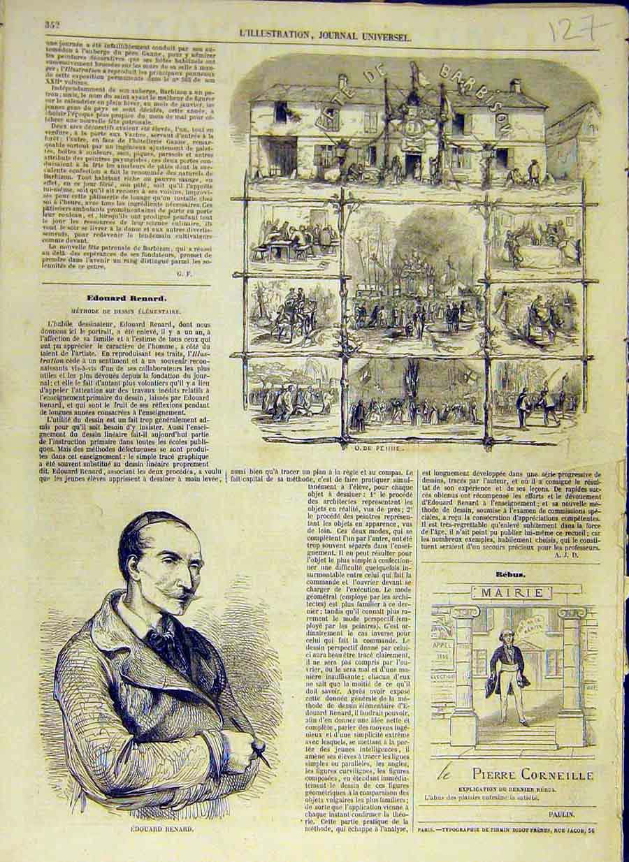 Original Old Antique Print 1858 Portrait Edouard-Renard Barbison Fete French