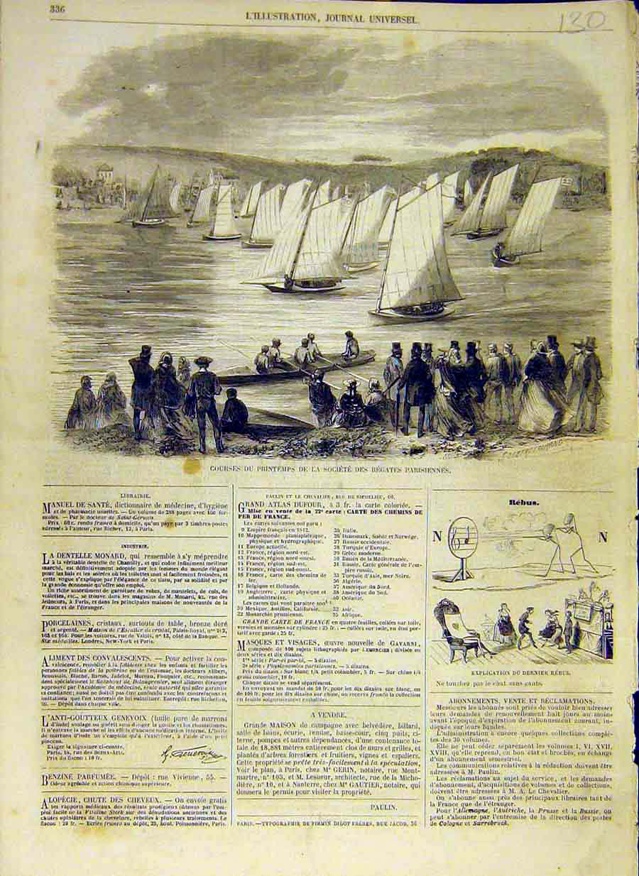 Original Old Antique Print 1858 Regatta Yachts Paris Parisienne French Victorian