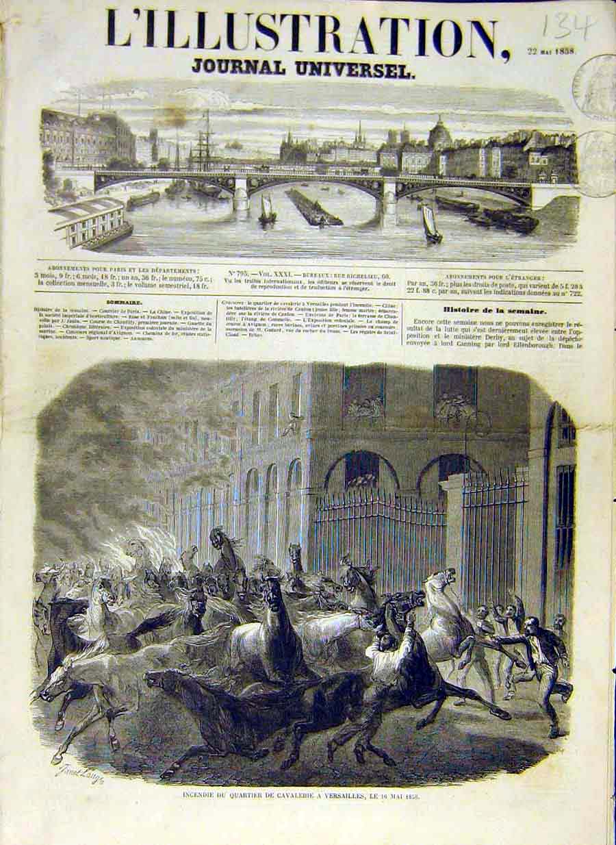 Original Old Antique Print 1858 Fire Cavalry Versailles Horses French France