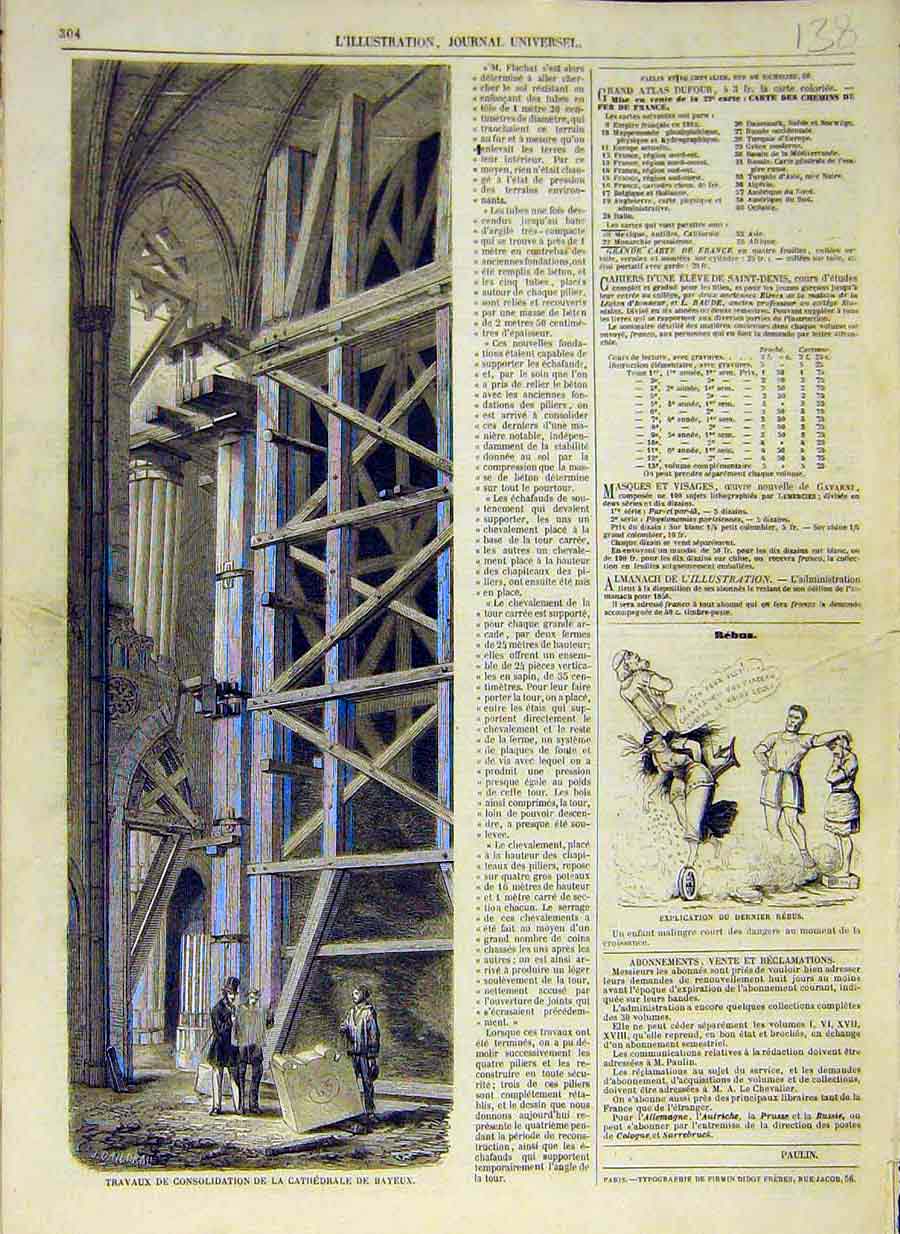 Original Old Antique Print 1858 Bayeux Cathedral Restoration French Building