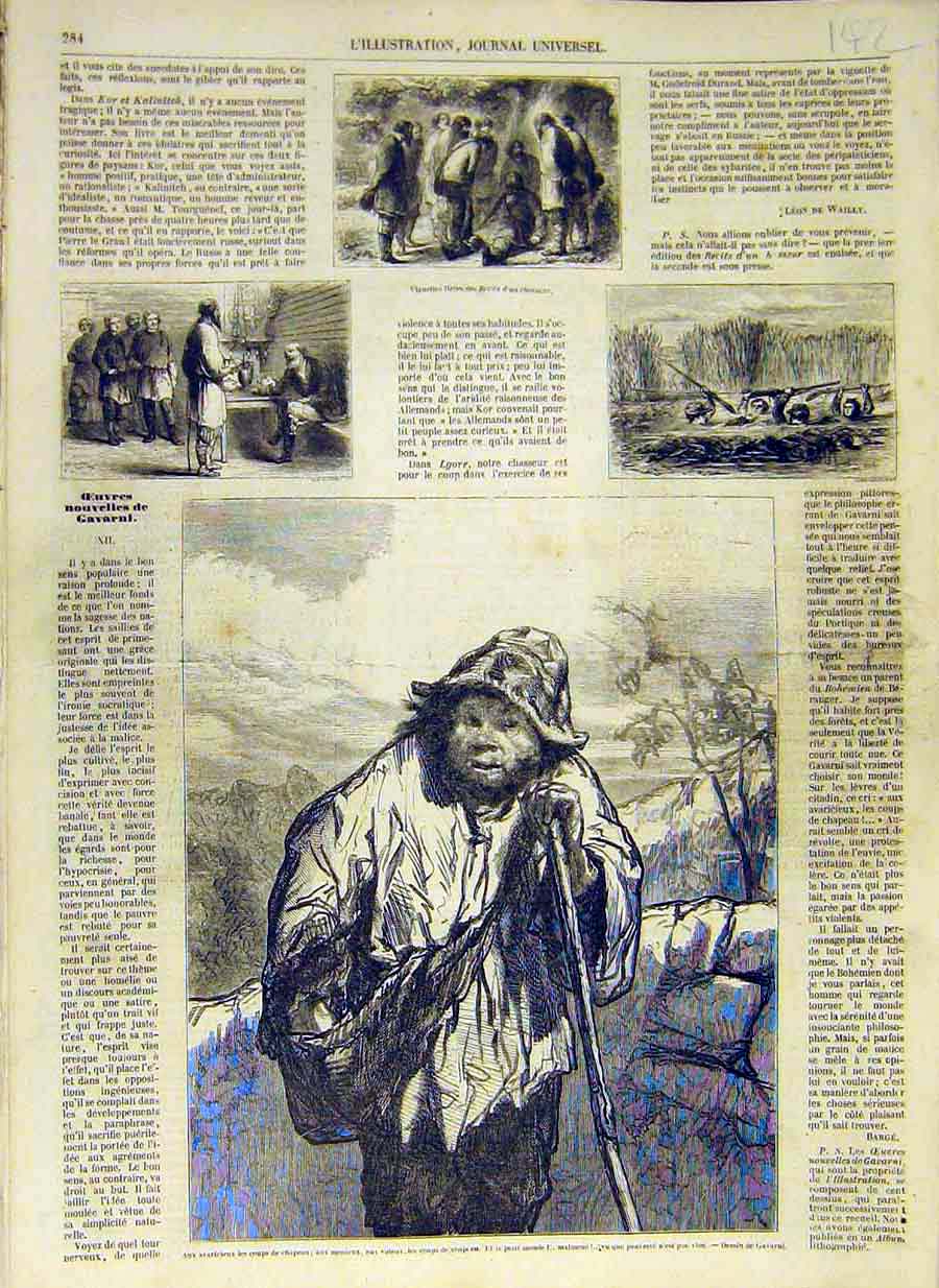 Original Old Antique Print 1858 Gavarni Fine Art Traveller Painting French 19th