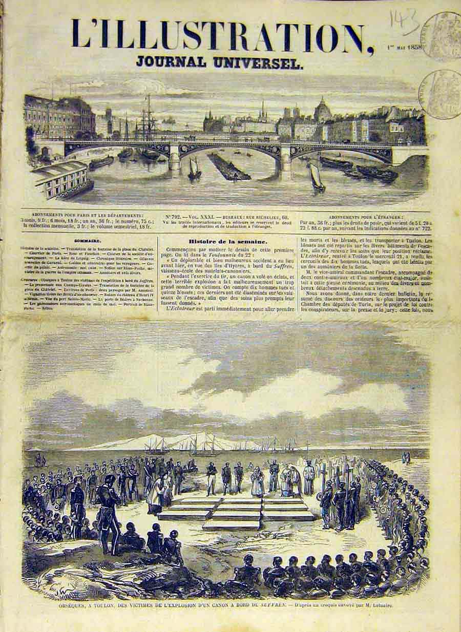 Original Old Antique Print 1858 Burial Toulon Suffren Sailors French Victorian