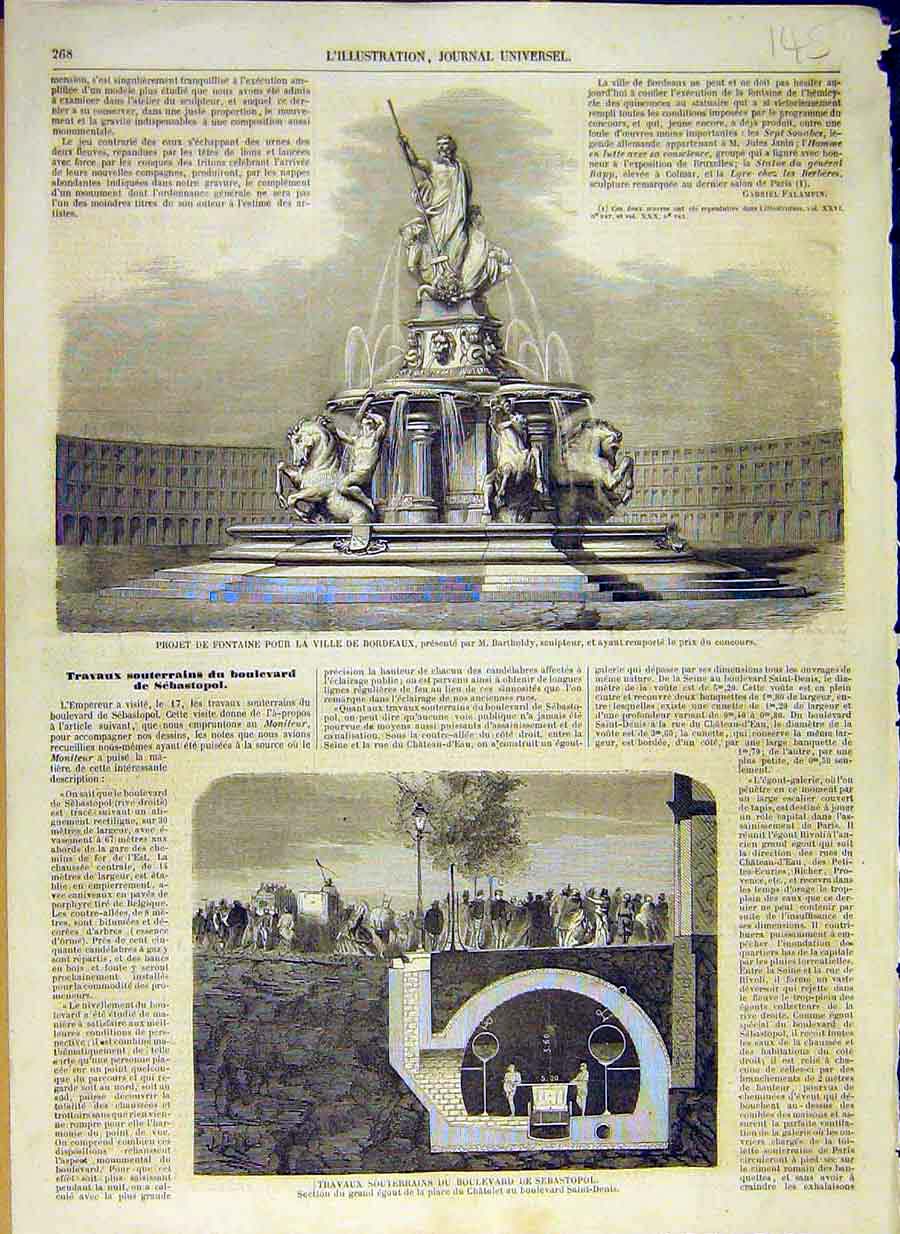 Original Old Antique Print 1858 Fountain Bordeaux Barthy Sebastopol Underground