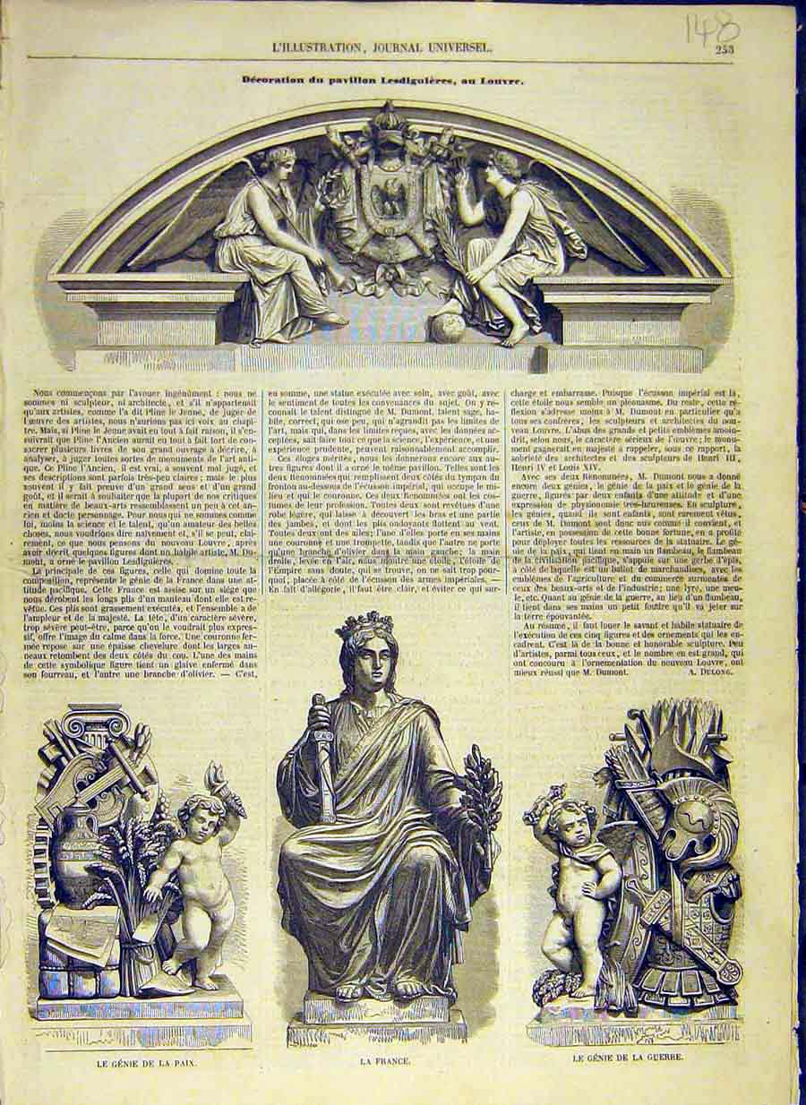 Original Old Antique Print 1858 Statues Louvre Pavilion Peace War French 19th